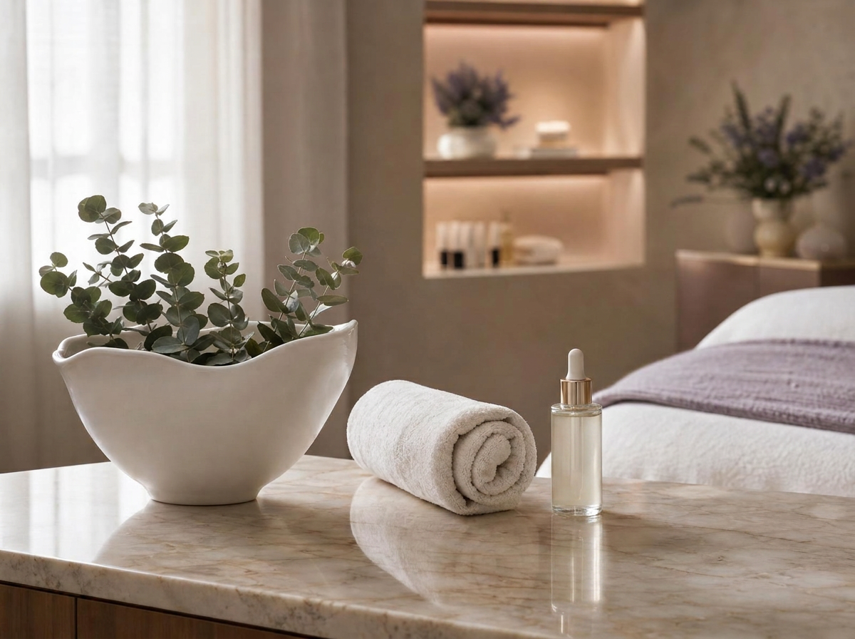 Serene luxury facial studio treatment space with fresh eucalyptus, a rolled linen towel, and a serum bottle on a warm marble surface