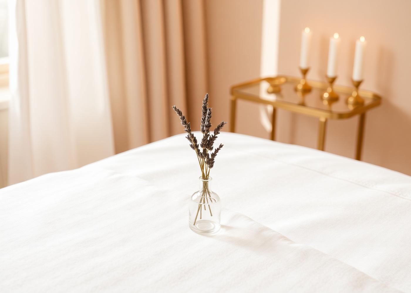 Serene treatment room with soft ivory linens and lavender detail